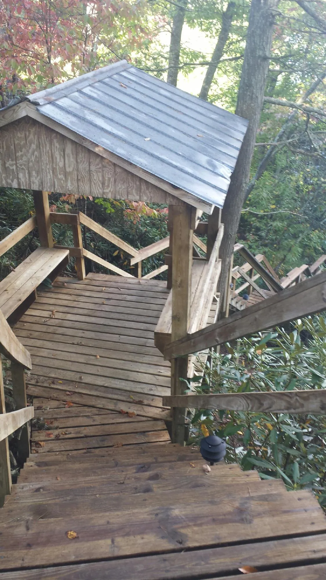 Metal roofed shelter over wooden steps on a wooded walkway — Skylight Repair & Installation work by our crew in Cashmere